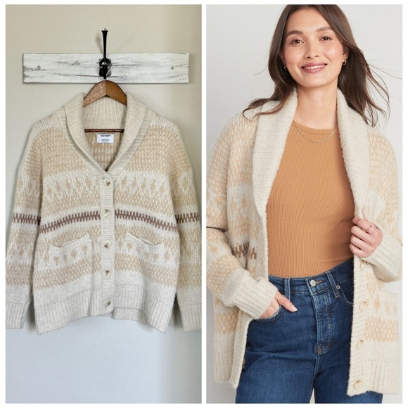 OLD NAVY S Cozy Fair Isle Cardigan in Neutral Fairisle • Fall Winter Sweater - Picture 1 of 11